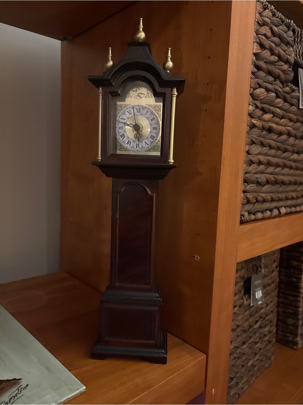 Vintage Pair Miniature Grandfather Table Clocks Dark Wood Brass Finials set of 2